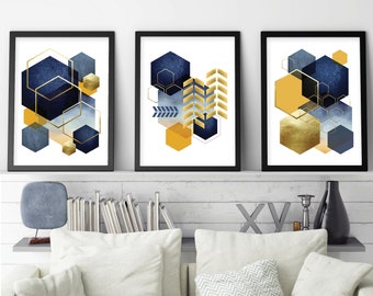 Printable wall art, Geometric navy blue mustard yellow, Blue gold art set, Abstract printable set of 3, Digital download, Living room art