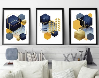 Geometric Navy Blue and Gold Art Prints, Set of 3 (Digital Download)