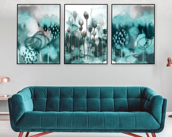 Set of 3, Turquoise teal downloadable prints, Printable wall art abstract, Digital download watercolor prints, Printable abstract art teal