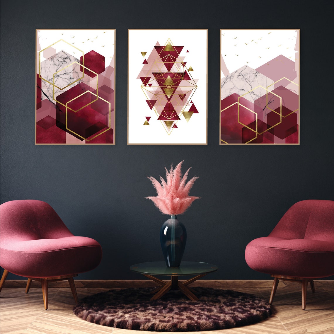 Burgundy printable wall art Maroon blush pink gold Abstract Etsy