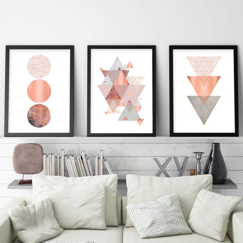 Trio of Downloadable Wall Art Prints in Blush Pink Grey Copper Etsy UK