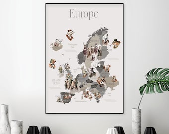 Dapper Animals of Europe Art Print, Large European Map Wall Decor (Digital Download)