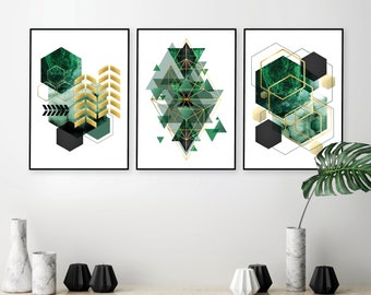 Emerald green downloadable small prints, Printable geometric art set 3, Emerald green gold wall art digital downloads, Printable wall decor