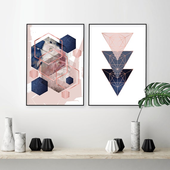 Set Of 2 Printable Blush Pink Navy Blue Rose Gold Geometric Art Prints Digital Download Dusky Pink Indigo Bedroom Wall Decor Trending Now