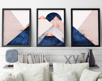 Blush pink navy rose gold printable Mountains wall art set of 3 Downloadable mountain prints triptych Trio of matching prints Trending now