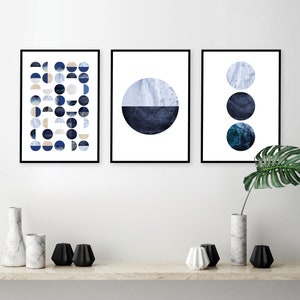 Mid Century Modern Set of 3 downloadable prints Printable 3 print set Navy blue scandinavian minimalist posters wall art digital downloads