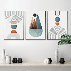 Printable burnt orange teal wall art, Art set of 3, Modern Mid Century, Trio matching Mid Century, Digital prints, Large living room art