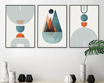 Mid Century Modern Art Set, Burnt Orange Teal Prints (Digital Download)