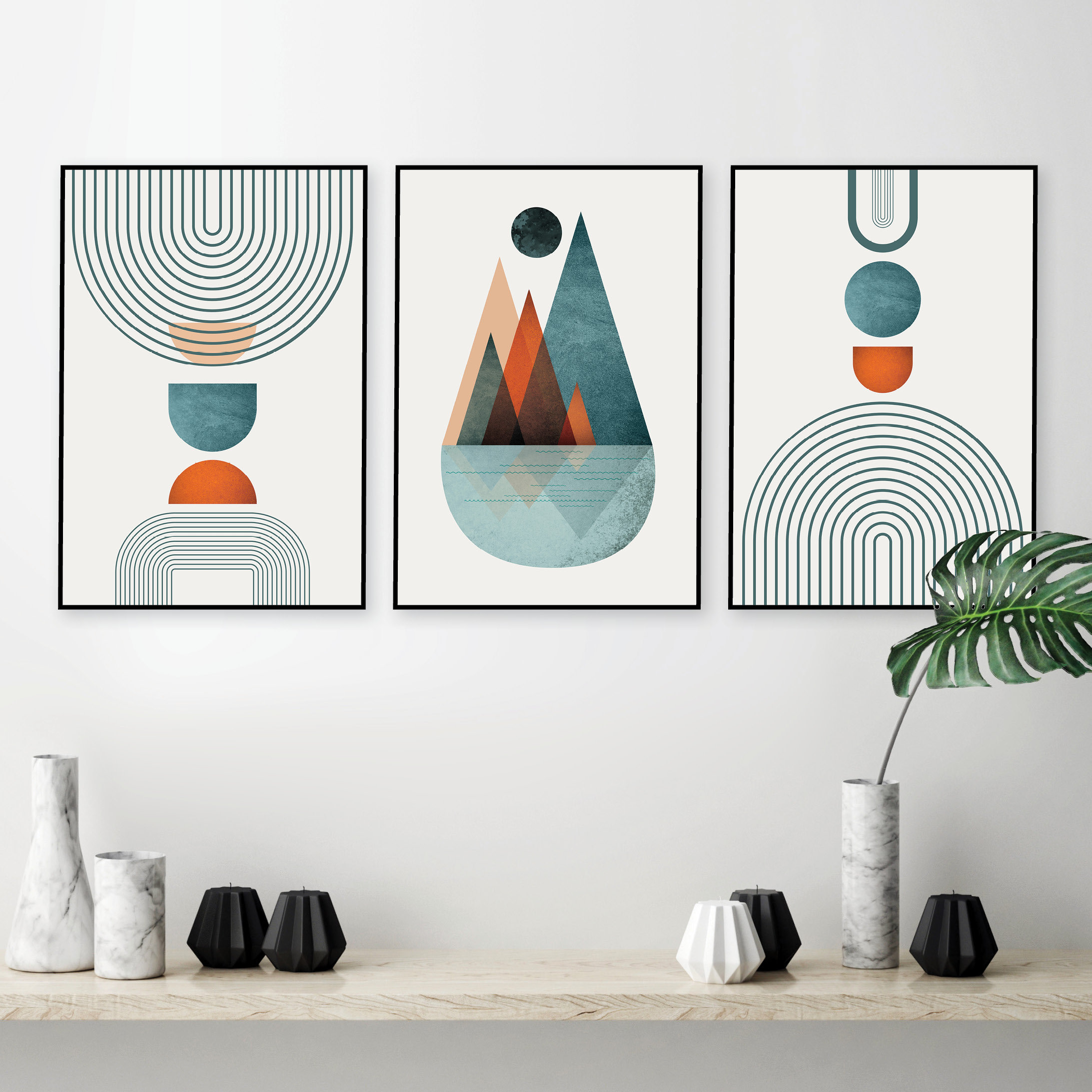 Printable Burnt Orange Teal Wall Art Art Set of 3 Modern Mid Etsy