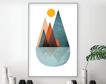 Minimalist Mountain Reflection Art, Teal Burnt Orange, Modern Print (Digital Download)