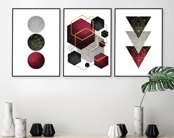 Printable art, Burgundy wall art, Geometric, Maroon wall art, Geometric abstract, Abstract set of 3, Abstract print jpeg, Gold burgundy art