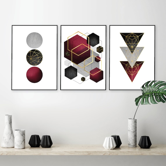 Burgundy Geometric Wall Art Set of 3 ...