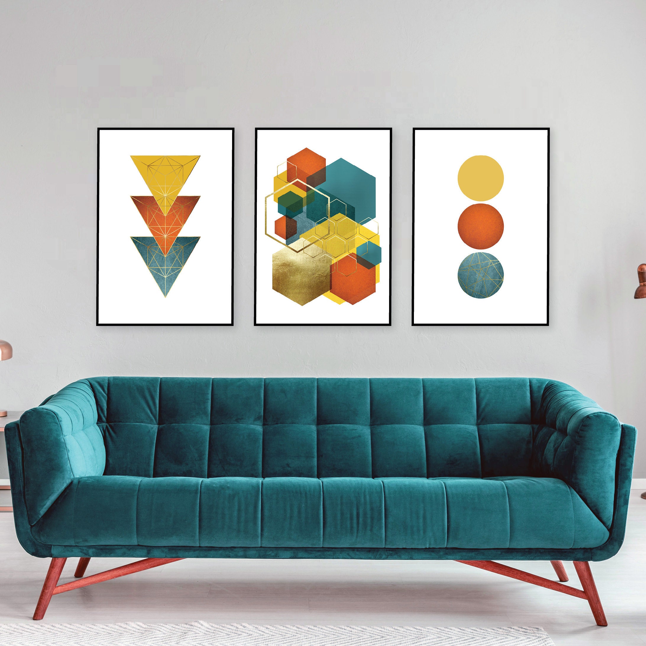 Printable set of 3 geometric art in teal orange yellow gold, Digital download trio matching prints, Downloadable geometric art print set