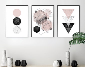 Blush Pink Geometric Prints Set, Minimalist Wall Art (Digital Download)