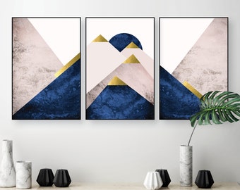 Blush pink navy gold printable art Set of 3 Downloadable mountain prints Printable mountains triptych Matching trio Wall Art Decor Trending