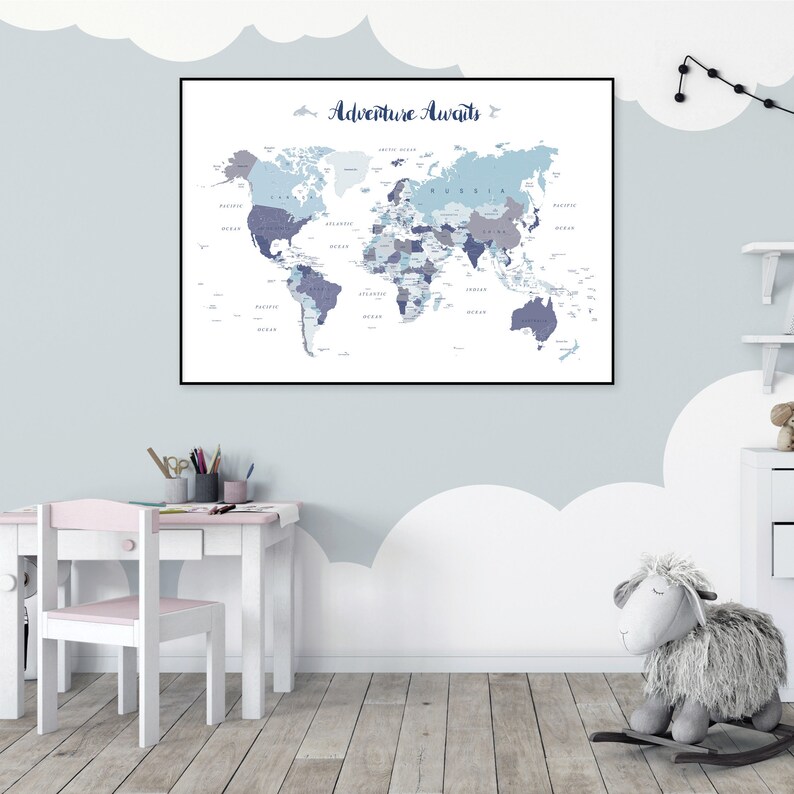 digital download adventure awaits world map nursery print blue etsy
