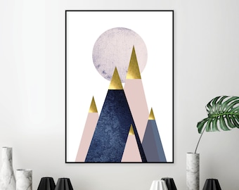 Instant download of Scandinavian Mountains in blush pink navy blue gold Downloadable Nordic mountains Printable wall art Scandi decor modern