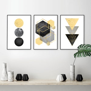 Downloadable Prints, Set of 3 Prints, Print Set, Yellow, Black, Gold, Scandinavian Art, Geometric, Minimalist Poster, Wall Art, Trending Art image 1