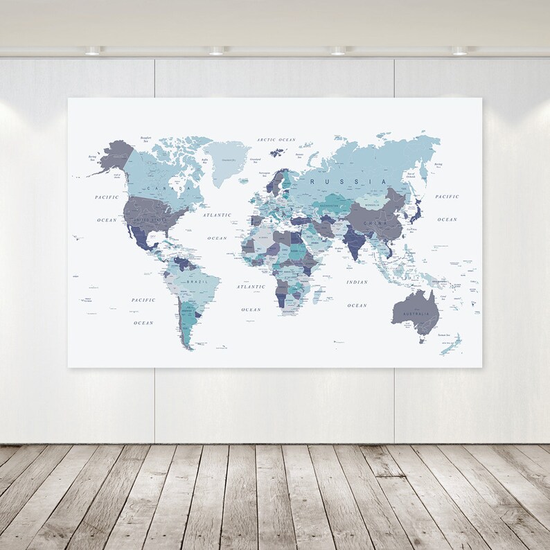 EXTRA LARGE Printable World Map in Blue XL Downloadable Map | Etsy