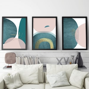 Set of 3 printable art, Mid Century Modern, Downloadable prints, Teal blush pink gold, Abstract art set, Minimalist 3 set, Matching trio set
