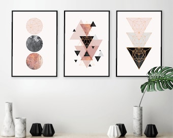 Set of 3 downloadable Scandinavian modern geometric prints in blush pink grey rose gold Minimalist poster Scandi wall art Pink bedroom decor