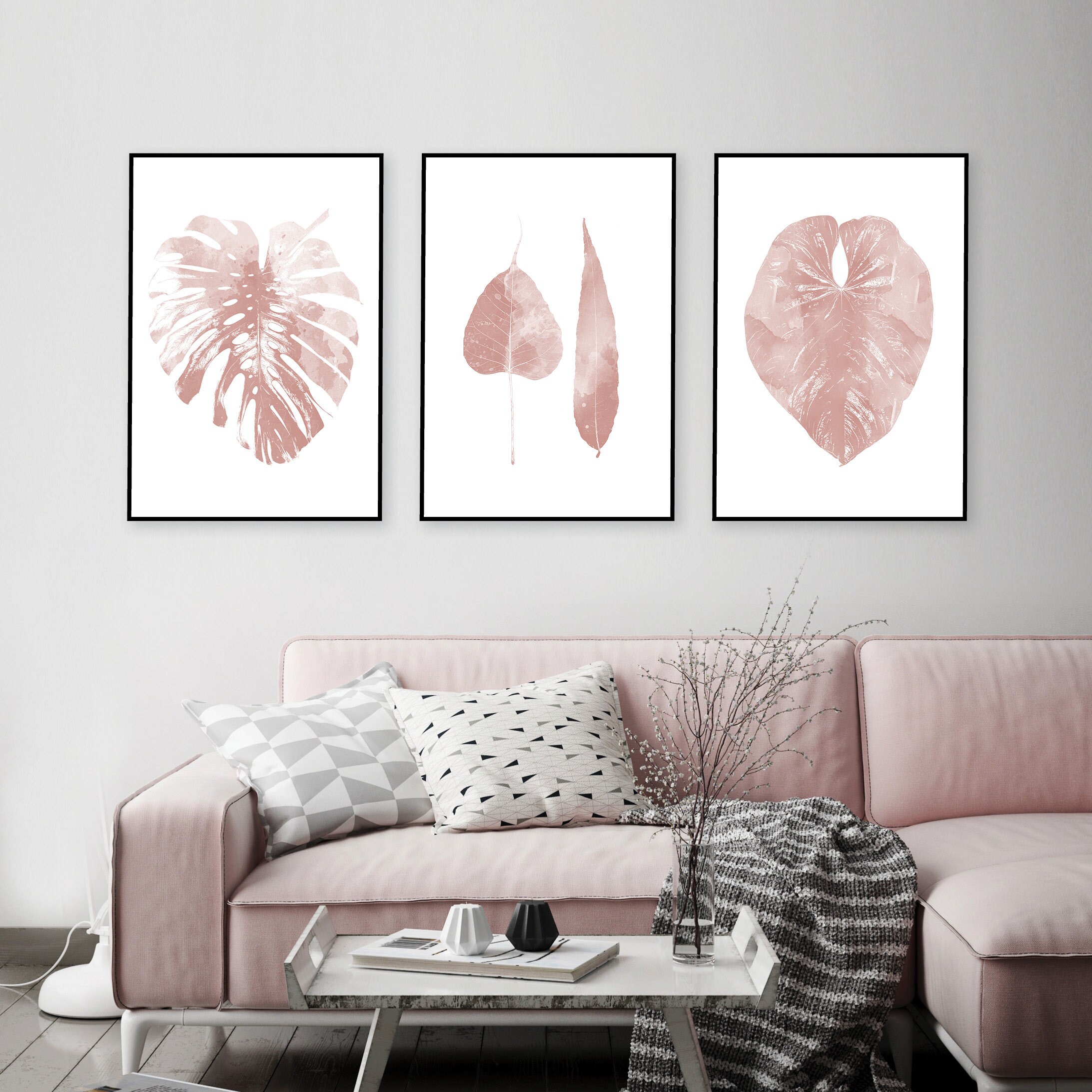 Downloadable Pink Leaf Art Prints Set of 3 Blush Pink Leaves Printable ...