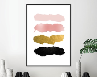Abstract Brushstrokes Print | Blush Pink, Gold, Black (Digital Download)