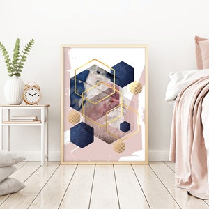 Poster digital download in blush pink navy blue and gold Downloadable abstract print Printable hexagon wall art Scandi decor modern image 7