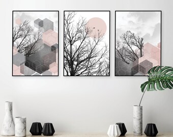 Geometric Tree Art Print Set: Pink & Gray Hexagon Decor (Digital Download)