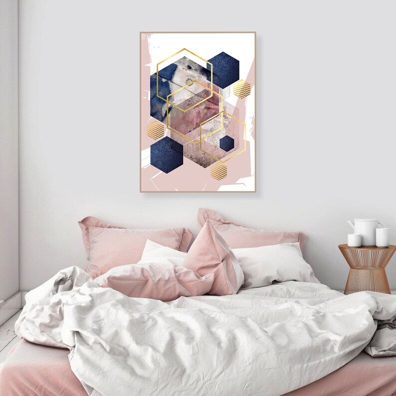 Poster digital download in blush pink navy blue and gold Downloadable abstract print Printable hexagon wall art Scandi decor modern image 4