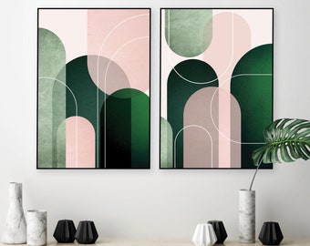 Printable mid century modern arches set of 2 in pink and green, Digital download of x2 matching prints, Downloadable minimalist posters