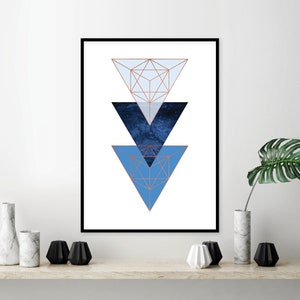 Navy blue and copper geometric printable art Scandinavian indigo blue minimalist large poster Sacred geometry triangles wall decor dark blue