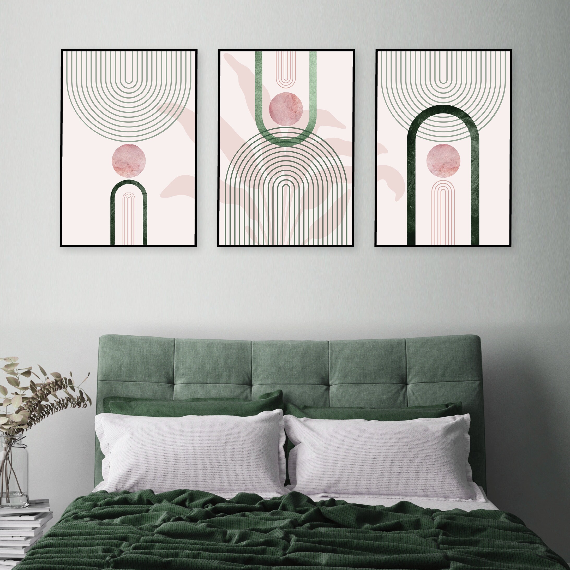 Printable Pink Green Wall Art Art Set of 3 Mid Century Trio Etsy