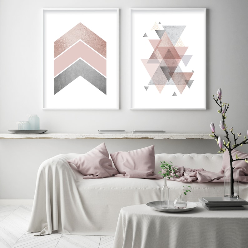 Set of 2 printable blush pink and grey geometric art prints Etsy