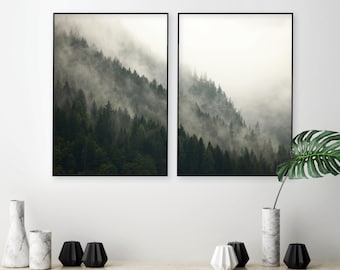 Scandinavian Mountain Mist Print Set, Forest Wall Art (Digital Download)