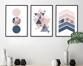 Geometric Art Prints, Blush Pink and Navy, Scandinavian Wall Decor (Digital Download)