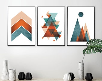 Set of 3 burnt orange teal printable wall art Geometric Mountain Chevrons Scandi art set trio Modern midcentury downloadable living room art