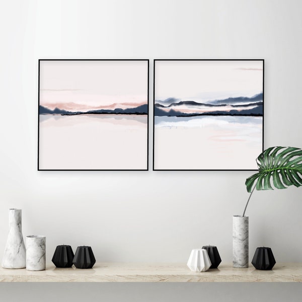 Téléchargement numérique, lot de 2, oeuvre d'art imprimable Horizon, affiche minimaliste, carré, art abstrait, aquarelle imprimable, art mural bleu marine rose poudré