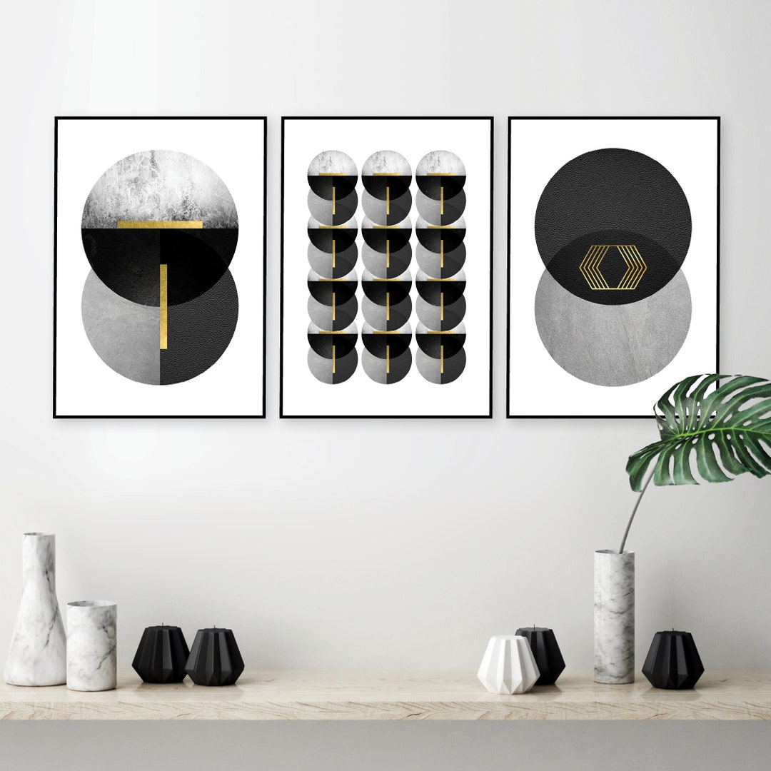 Downloadable Prints, Print Set of 3, Black White Grey Gold Printable ...