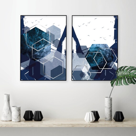 Set Of 2 Printable Abstract Geometric Prints In Navy Blue Silver Downloadable Scandinavian Modern Wall Art Bedroom Decor Indigo Hexagon Art