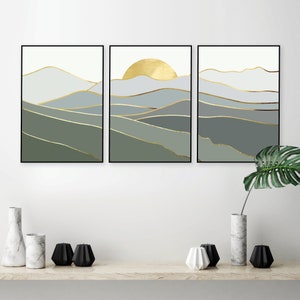 Green downloadable art, Set of 3 printable art, Green gold digital download, Living room art, Matching art set, Triptych mountains art set