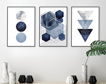 Navy blue silver grey geometric printable art Set of 3 Navy blue wall art Trio downloadable abstract printables Large digital download blue