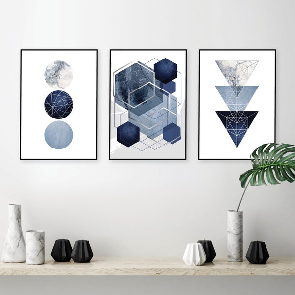 Navy blue silver grey geometric printable art Set of 3 Navy blue wall art Trio downloadable abstract printables Large digital download blue