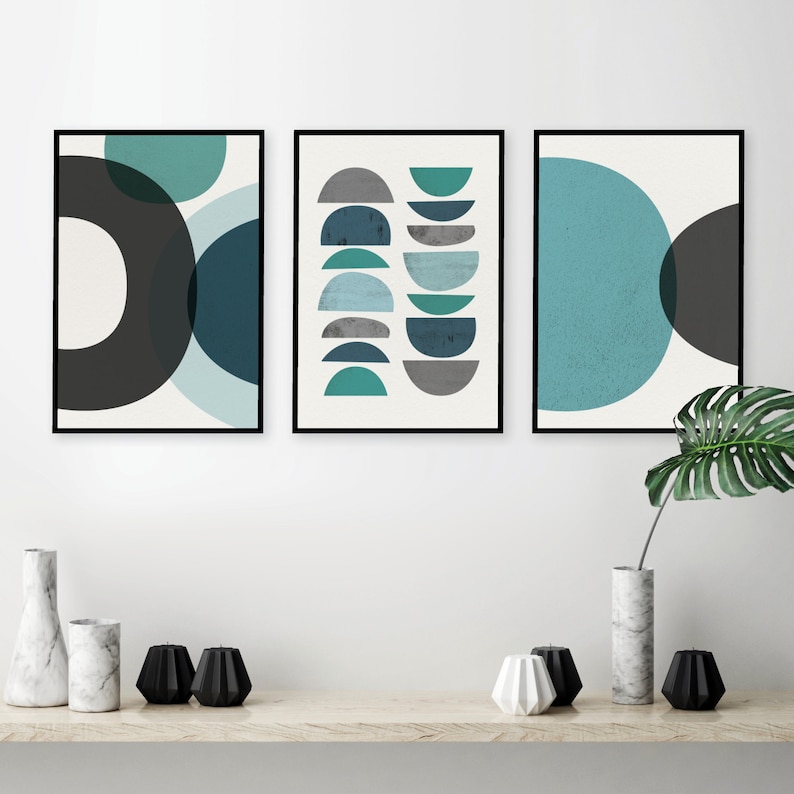Set of 3 burnt orange teal printable wall art Geometric Mountain Chevrons Scandi art set trio Modern midcentury downloadable living room art