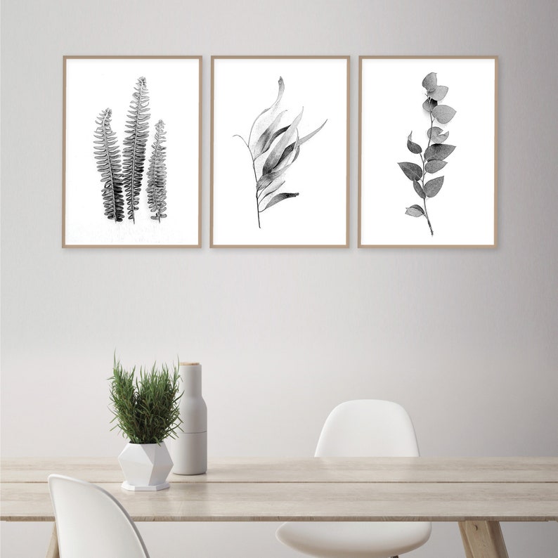 Downloadable set of 3 botanical prints black white monochrome Printable art Australian gum leaves fern fronds Print set Wall art Wall Decor image 7