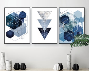 3 set downloadable navy blue silver geometric prints Digital download abstract geometrical printable art trio set Large posters wall decor