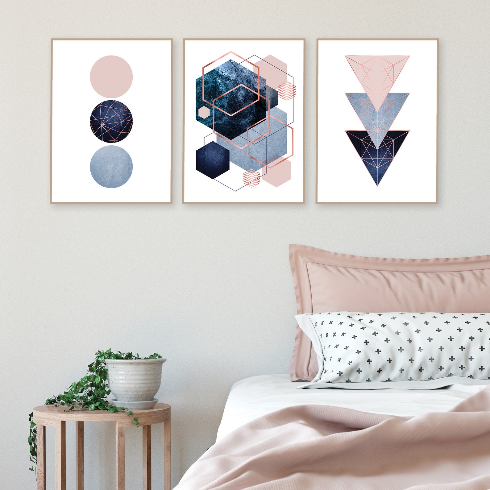 Printable Navy Rose Gold Wall Art Set of 3 Prints Bedroom | Etsy