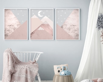 Set of 3 Scandi downloads Nursery mountain prints blush pink grey Scandinavian mountains wall art Nursery printable posters Nursery decor