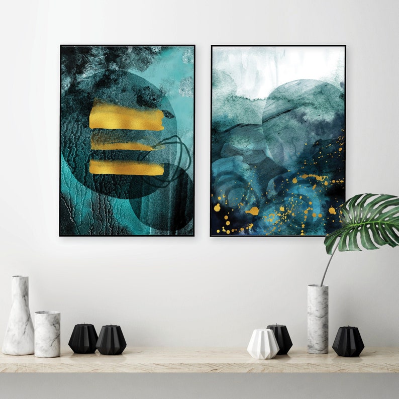 Set Of 2 Teal Gold Printable Art Teal Abstract Teal Downloadable Print Teal Bedroom Wall Art Teal Gold Wall Art Abstract Statement Art