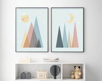 Instant download printable art set of 2 Scandinavian mountain nursery prints in pastel teal yellow pink grey Scandi kids matching wall decor